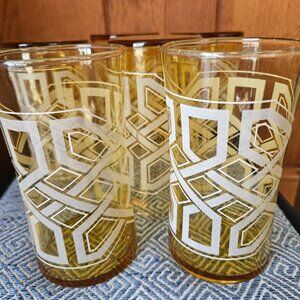 Vintage Light Amber/White Trellis Design Glasses, Set of 6, Great Condition!